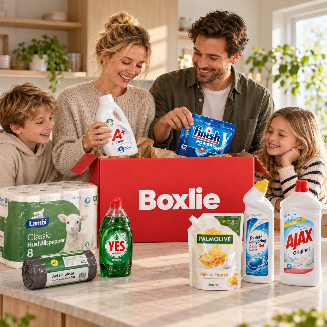 Familj med öppen röd Boxlie-box och produkterna som ingår